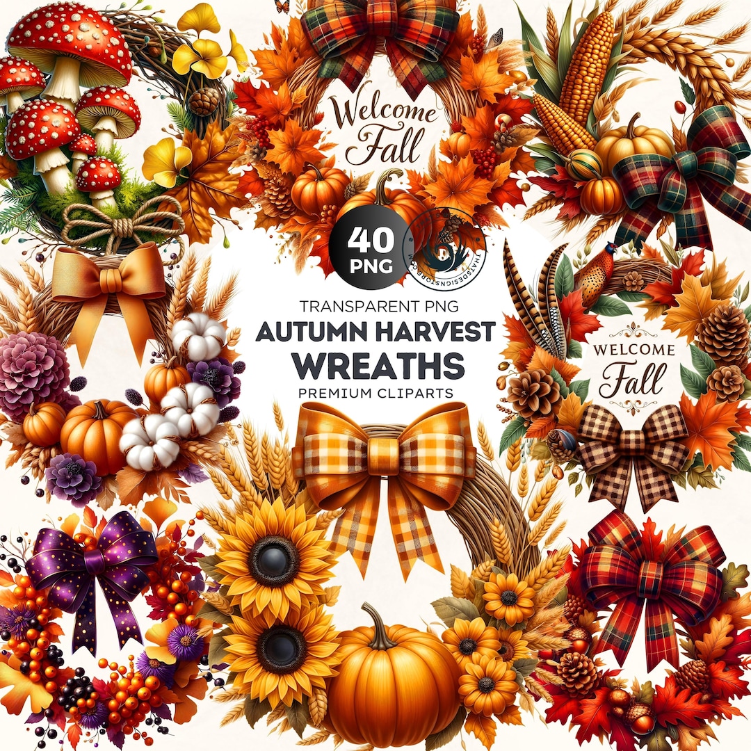 Watercolor Autumn Wreaths Clipart Bundle: Fall Leaves, Pumpkins ...