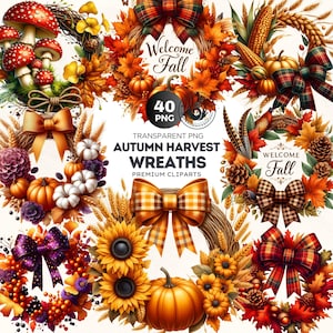 Pode incluir: Uma coleção de grinaldas de colheita de outono com abóboras, girassóis e folhagens de outono. As grinaldas apresentam laços decorativos e o texto "Welcome Fall". A imagem também inclui o texto "40 PNG" e "Autumn Harvest Wreaths Premium Cliparts".
