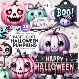 Pastel Goth Halloween Pumpkin PNG Set, Cute Spooky Kawaii pumpkin Clipart, Pastel Halloween clipart, Transparent background, Commercial use