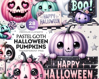 Pastel Goth Pumpkin Clipart Set: Kawaii Halloween PNG (Commercial Use)