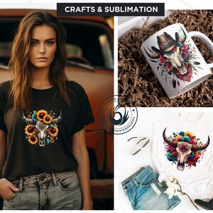 Floral Bull skull PNG clipart, Boho western PNG, Western Sublimation, floral cow skull with feathers crafts and sublimation. Commercial use