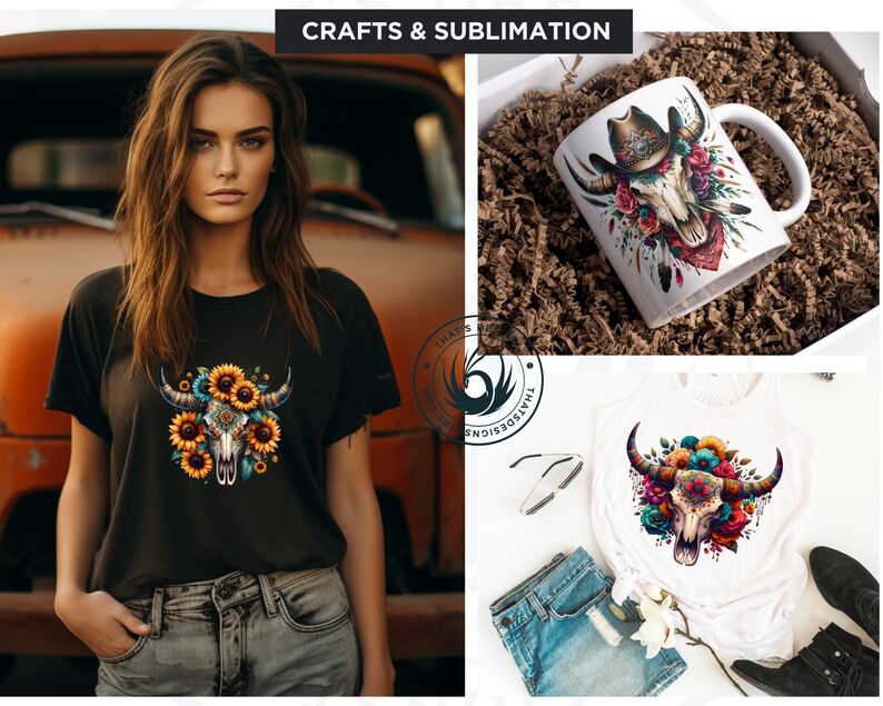 Floral Bull skull PNG clipart, Boho western PNG, Western Sublimation, floral cow skull with feathers crafts and sublimation. Commercial use