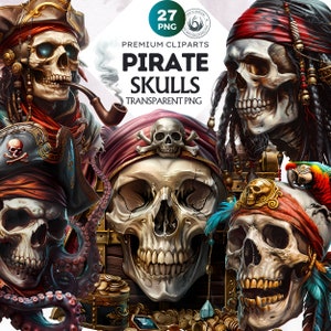 27 Pirate Skulls Clipart Set, Premium Transparent PNG for Nautical, Gothic, Spooky Designs. Wiccan clip art, corsair skull head sublimation