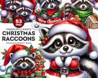 Christmas Raccoon Clipart Set, Holiday Animal PNG (53 files)