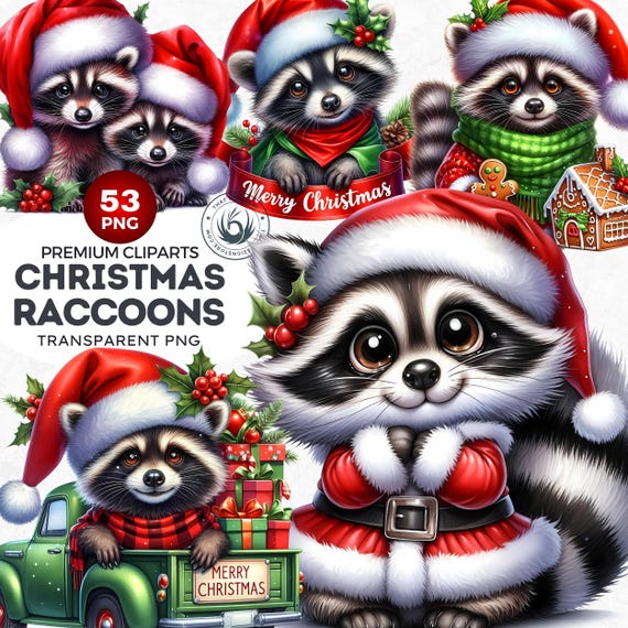 Cute Christmas Raccoon Clipart Set, Holiday Animal PNG (53 files)