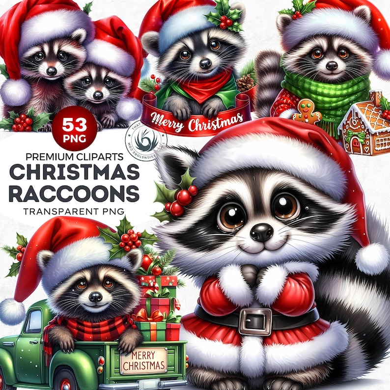 53 Cute Raccoon PNG Clipart Set, Christmas Raccoon clipart, Baby animal with Santa Hat Png, Christmas Clipart, Christmas cards & sublimation