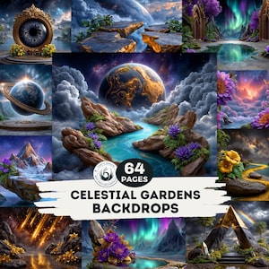 May include: A collection of digital art backdrops with celestial and garden themes. The images feature planets, rivers, mountains, and flowers, with a fantasy art style. The text on the image reads "Celestial Gardens Backdrops" and "64 Pages".