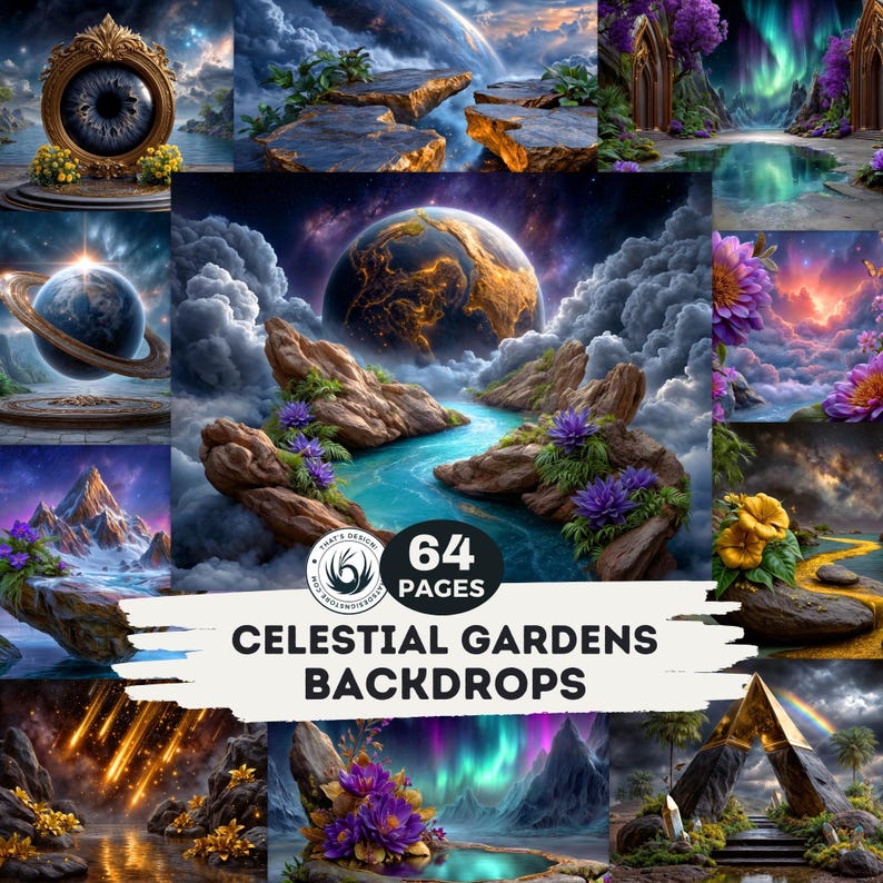 Celestial Garden Fantasy Backdrops Digital Paper, Surreal Space Junk ...