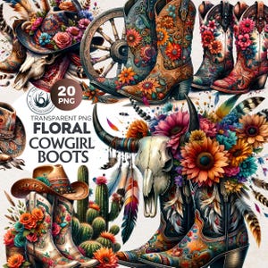 Stivali da cowgirl floreali PNG Clipart: Boho Western Sublimazione (Download digitale, Uso commerciale)