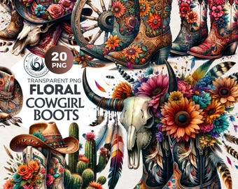 Stivali da cowgirl floreali PNG Clipart: Boho Western Sublimazione (Download digitale, Uso commerciale)