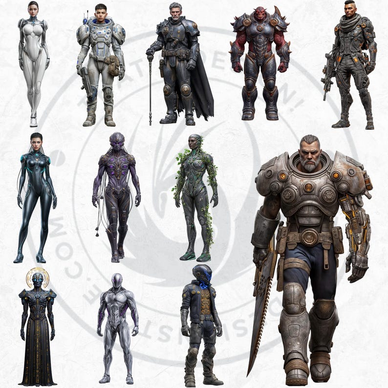 Galactic Vanguard Clipart Bundle: Sci-Fi Character Illustrations, Futuristic Space Graphics (PNG, Digital download)