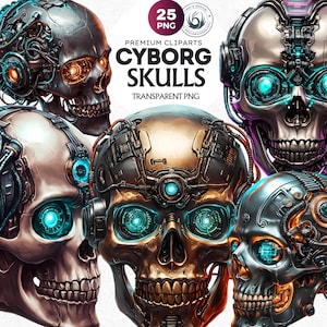 May include: A set of five digital illustrations of cyborg skulls. The skulls are rendered in a realistic style with intricate details, including glowing blue eyes, metallic parts, and wires. The skulls are set against a white background.
