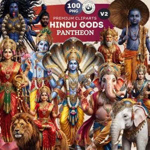 Może przedstawiać: Kolekcja cyfrowych ilustracji przedstawiających różne hinduskie bóstwa. Obrazy prezentują żywe kolory, skomplikowane detale i tradycyjne stroje. Tekst na obrazie brzmi "100 PNG PREMIUM CLIPARTS HINDU GODS PANTHEON V2".