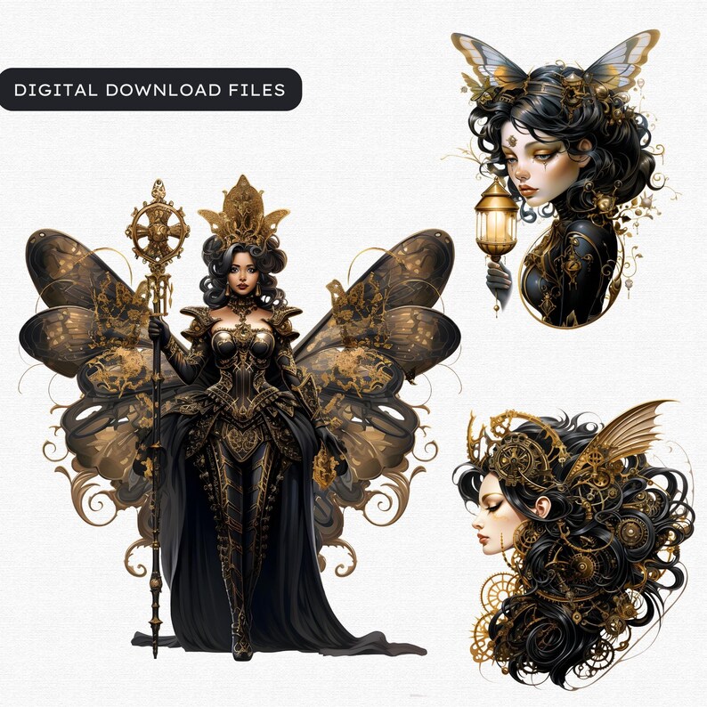 Steampunk Black and Gold Fairy Clipart PNG - A vintage inspired digital print featuring a captivating fairy, Victorian elegance, mythical elements, and more. Ideal for crafting, sublimation, decor, and imaginative projects. Digital prints