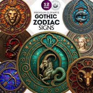 Gothic Zodiac Signs Round Clipart PNG Set, Stained Glass, Astrology clipart, horoscope signs, Fantasy Clipart, zodiac sublimation