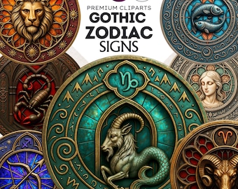 May include: A collection of Gothic Zodiac Signs in a digital art style. Each sign is a circular design with intricate details, featuring symbols like a lion, scorpion, and goat. The color palette includes gold, teal, and red, with the text "Gothic Zodiac Signs".