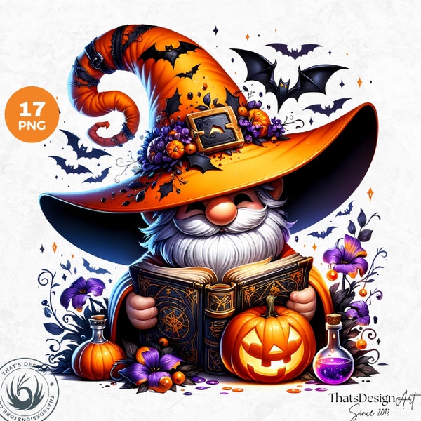 17 Halloween gnomes Clipart set, witch hat, pumpkins, skulls, magical potion, Halloween png, Spooky season, Kids Halloween digital prints