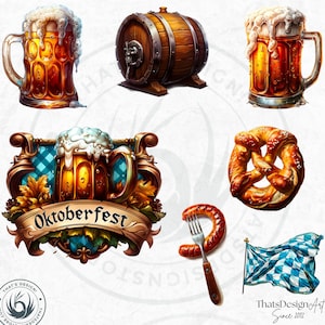 30 Oktoberfest Festival Clipart Set, Traditional Bavarian Festive PNG, Beer festival PNG, pretzel, dirndl, lederhosen, rooster, beer stein
