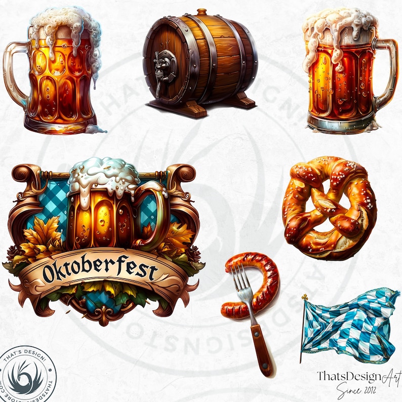 30 Oktoberfest Festival Clipart Set, Traditional Bavarian Festive PNG, Beer festival PNG, pretzel, dirndl, lederhosen, rooster, beer stein