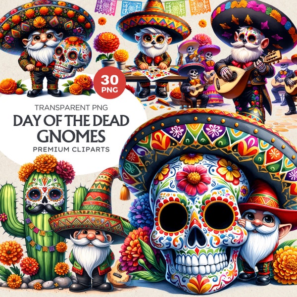 Clipart le jour des morts, gnomes mexicains PNG, Sugar Skull PNG, Clipart Día de los Muertos, conception mexicaine d'Halloween, Cinco de Mayo Fiesta