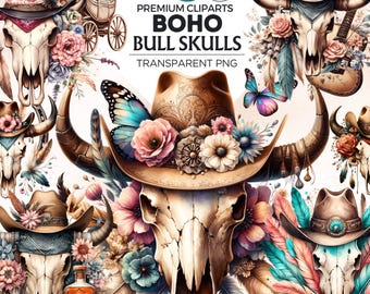 Boho Western Bull Skull PNG Clipart: Floral Cow Skull Set (Digital Download)
