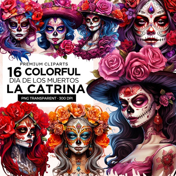 La Catrina Day of the dead PNG Clipart Día de Los Muertos Chicano Art, Floral Sugar Skull, Mexican Halloween bundle. Commercial use for POD