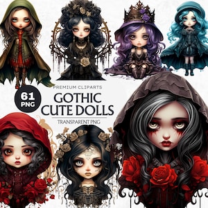 May include: A set of 61 digital illustrations of cute gothic dolls. The dolls are dressed in black and red clothing with intricate details. The dolls have large eyes and dark hair. The illustrations are perfect for creating digital art, scrapbooking, or other creative projects.