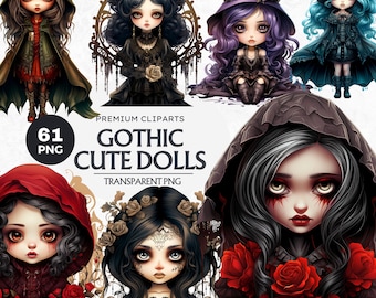 61 Gothic Puppe Clipart, Dark Fantasy Puppe Clip Art, viktorianisches Mädchen PNG Bundle, Neo Gothic Kunst, Scrapbook, Junk Journal, digitaler Download