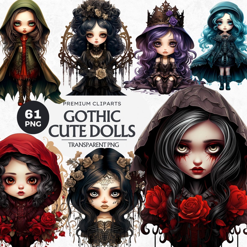 May include: A set of 61 digital illustrations of cute gothic dolls. The dolls are dressed in black and red clothing with intricate details. The dolls have large eyes and dark hair. The illustrations are perfect for creating digital art, scrapbooking, or other creative projects.
