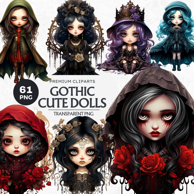 61 Gothic Puppe Clipart, Dark Fantasy Puppe Clip Art, viktorianisches Mädchen PNG Bundle, Neo Gothic Kunst, Scrapbook, Junk Journal, digitaler Download Bild 1