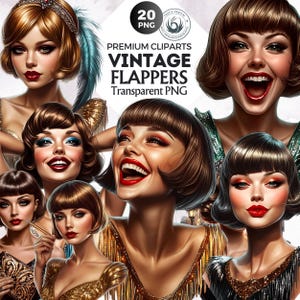 May include: A set of 20 digital illustrations of vintage flappers. The flappers are depicted in various poses and expressions, with some wearing glamorous dresses and hats. The illustrations are in a cartoon style and have a retro feel.