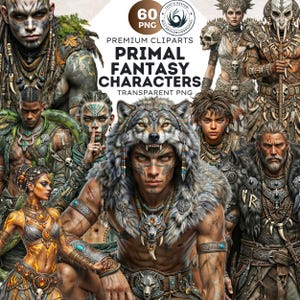 Puede incluir: Imagen de arte digital con múltiples personajes de fantasía. Los personajes están adornados con atuendos tribales y guerreros, con marcas faciales detalladas y accesorios. La imagen incluye el texto "PRIMAL FANTASY CHARACTERS" y "TRANSPARENT PNG".
