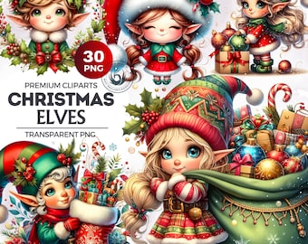 Christmas Elves Clipart: Festive PNG Designs, Winter Card Making (Digital Download)