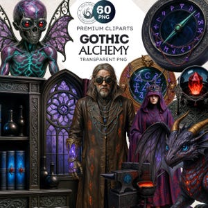 Clipart alchimie gothique PNG ! 60 images PNG de phénix, d'un sorcier, d'un livre enchanté et de symboles obscurs