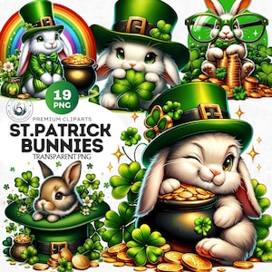 St Patricks Day Bunny Watercolor Clipart, Cute rabbit Clipart PNG, Lucky bunny Sublimation Design, Shamrock Illustration PNG. commercial use