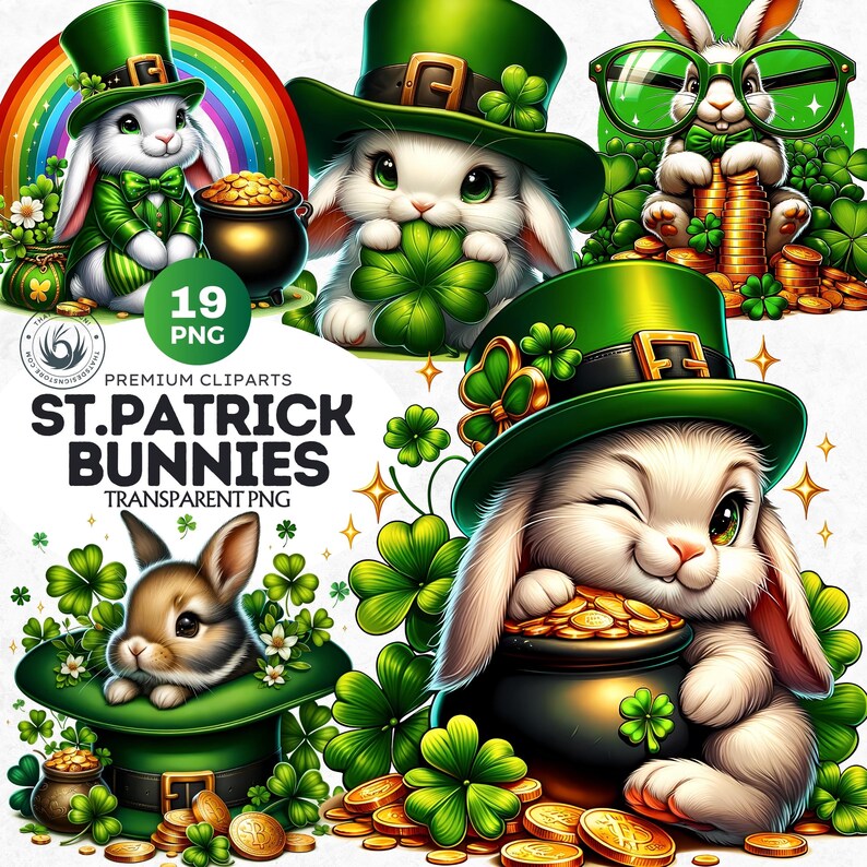 Shamrock Rabbit St Patricks Day Bunny Clipart: Shamrock Illustration (PNG) - Etsy