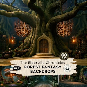 Könnte beinhalten: Eine digitale Sammlung von 60 JPEG-Hintergrundbildern für Fantasy-Wälder mit dem Titel The Elderwild Chronicles. Das Hauptbild zeigt einen großen Baum mit einer Holztür an der Basis, flankiert von Regalen, Waagen und leuchtend orangefarbenen Blattmustern.