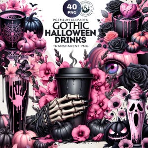 Peut inclure: Illustration numérique de boissons gothiques d'Halloween. L'image présente diverses boissons, des citrouilles, des fleurs et une main de squelette, le tout dans une palette de noir et de rose. Le texte indique "Gothic Halloween Drinks".