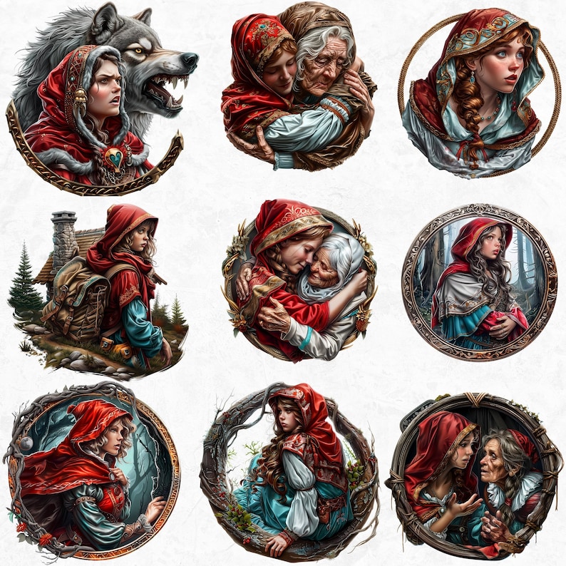 Little red riding hood Clipart Set,fairy tale clip art, hunter, wolf clipart, Fairytale Bundle PNG for sublimation, Scrapbook, Junk Journal