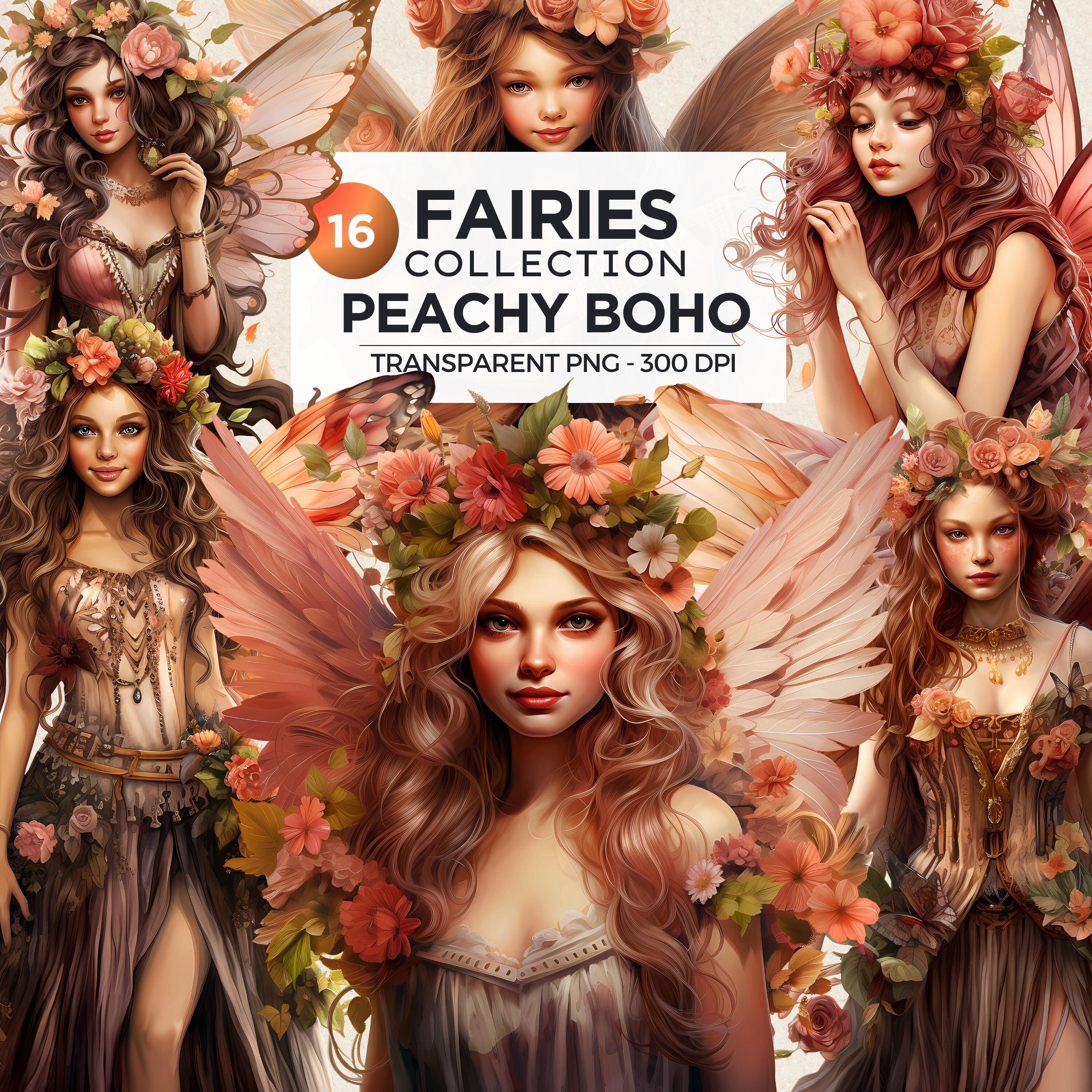 Peachy Boho Fairy Clipart PNG, Pink Fairies clip art, Bohemian clipart, Fairytale Bundle PNG for sublimation, Scrapbook, Junk Journal