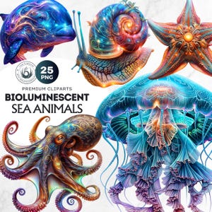 25 cliparts d'animaux marins bioluminescents - Créatures marines éclatantes et lumineuses, dont des méduses, des hippocampes, des pieuvres et des baleines pour les amoureux de l'océan