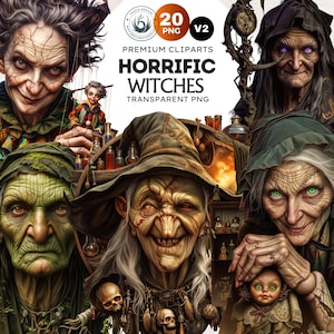 Set di clipart di streghe di Halloween orribili V2, clipart di strega cattiva di Halloween, stampe spettrali di Halloween / PNG trasparenti per artigianato e sublimazione