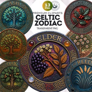 Round Celtic Zodiac Signs Clipart PNG Set - Irish Tree Mythology, Astrology clipart, horoscope signs, Fantasy Clipart, Celestial zodiac png