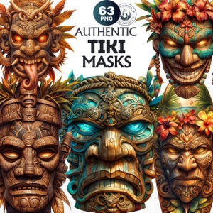 63 Authentic Tiki Masks Cliparts | Hawaiian, Marquesan, Maori, Rapa Nui Moai mask Totem PNG for POD & Crafts. Pacific Polynesian Mythology
