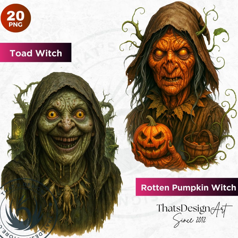 Horrific Halloween Witch Clipart Set V1, Bad witch Halloween Clipart, Spooky Halloween prints | Transparent PNG for craft and sublimation