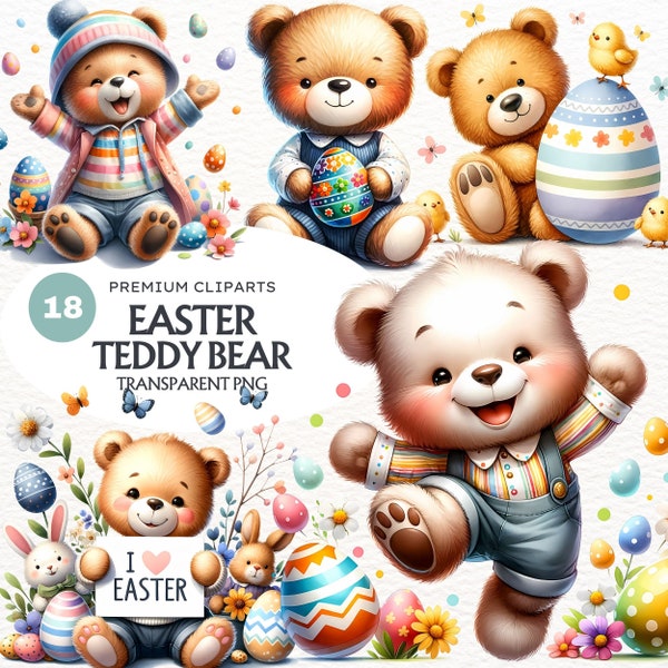 Nursery Easter Teddy bear clipart Set, Nursery clipart PNG, Spring PNG, Easter Eggs png graphics, printable Easter, teddy bear sublimation