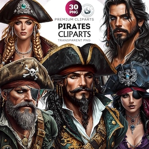 Pirates Clipart Set, 30 High-Quality Pirate Characters in PNG like swashbuckler, buccaneer, pirate queen for Maritime and nautical designs