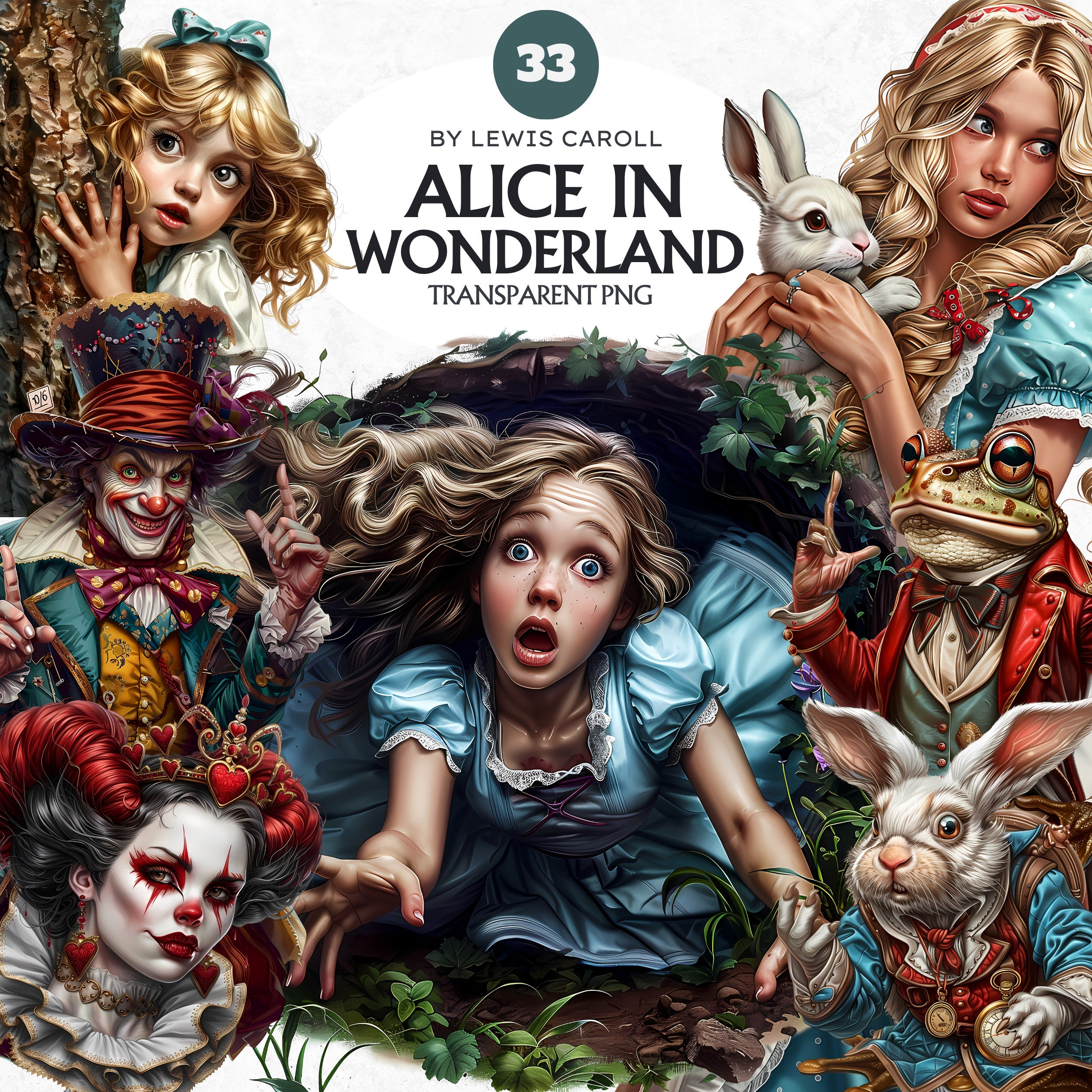 Conjunto de clipart de Alice no País das Maravilhas: 33 imagens PNG (download digital)