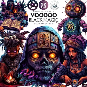 Black magic Voodoo clipart PNG Set,Tribal ritual, priest and witch, voodoo doll, talisman, tarot cards, ritualistic objects,mystical symbols