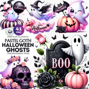Pink Pastel Goth Halloween Ghost PNG Set, Cute Spooky Kawaii Ghost Clipart, Pastel halloween clipart, Transparent background, Commercial use